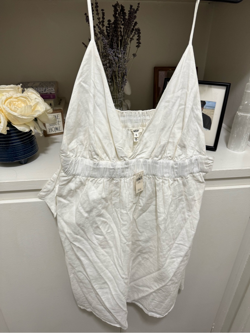 aerie White Cotton V-Neck Romper with Spaghetti Straps